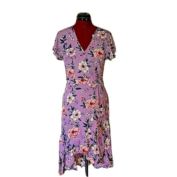 Xhilaration Dress Multicolor Women Size XS Faux Wrap High Low Hem Floral - Picture 1 of 6